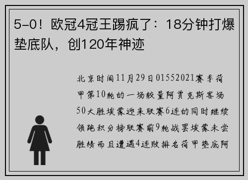 5-0！欧冠4冠王踢疯了：18分钟打爆垫底队，创120年神迹