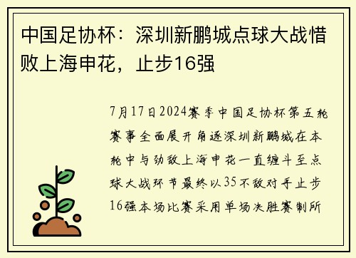 中国足协杯：深圳新鹏城点球大战惜败上海申花，止步16强